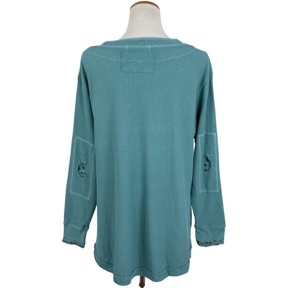 NWT Free People Aqua Henley Distressed Relaxed Thermal |  Coastal Boho Grunge M - Picture 8 of 16